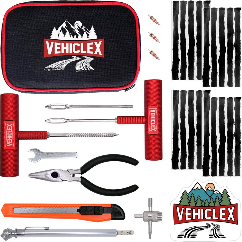 Vehiclex طقم إصلاح الإطارات للتوصيل والترقيع مع أدوات بمقابض ألمنيوم - طقم طوارئ مع كماشة في حقيبة بسحاب للسيارة، الدراجة النارية، ATV، الجرار، جزازة العشب - Image 1